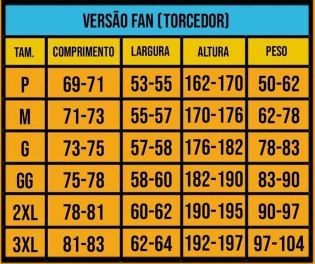 Tabela de Medidas das Camisa de Futebol 